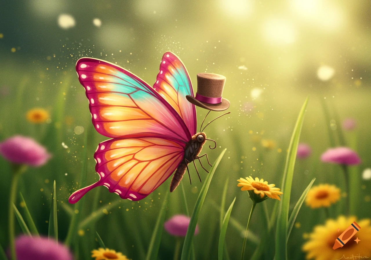 A whimsical, colorful butterfly wearing a small top hat, flying amidst a sunny field of green grass and wildflowers.