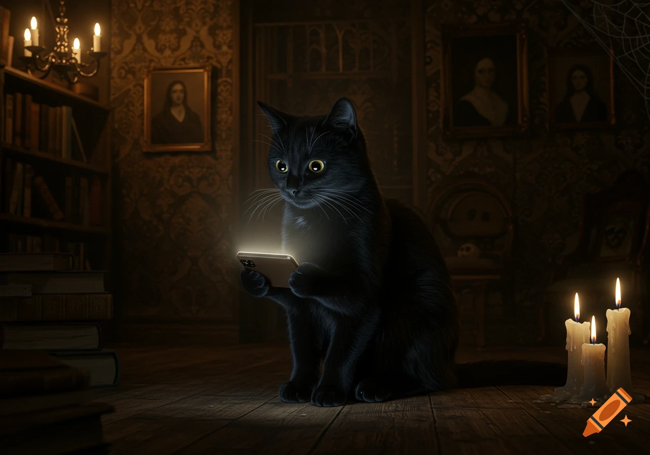 A wide-eyed black cat sits on a wooden floor, engrossed in a glowing smartphone in a spooky, candlelit gothic library.