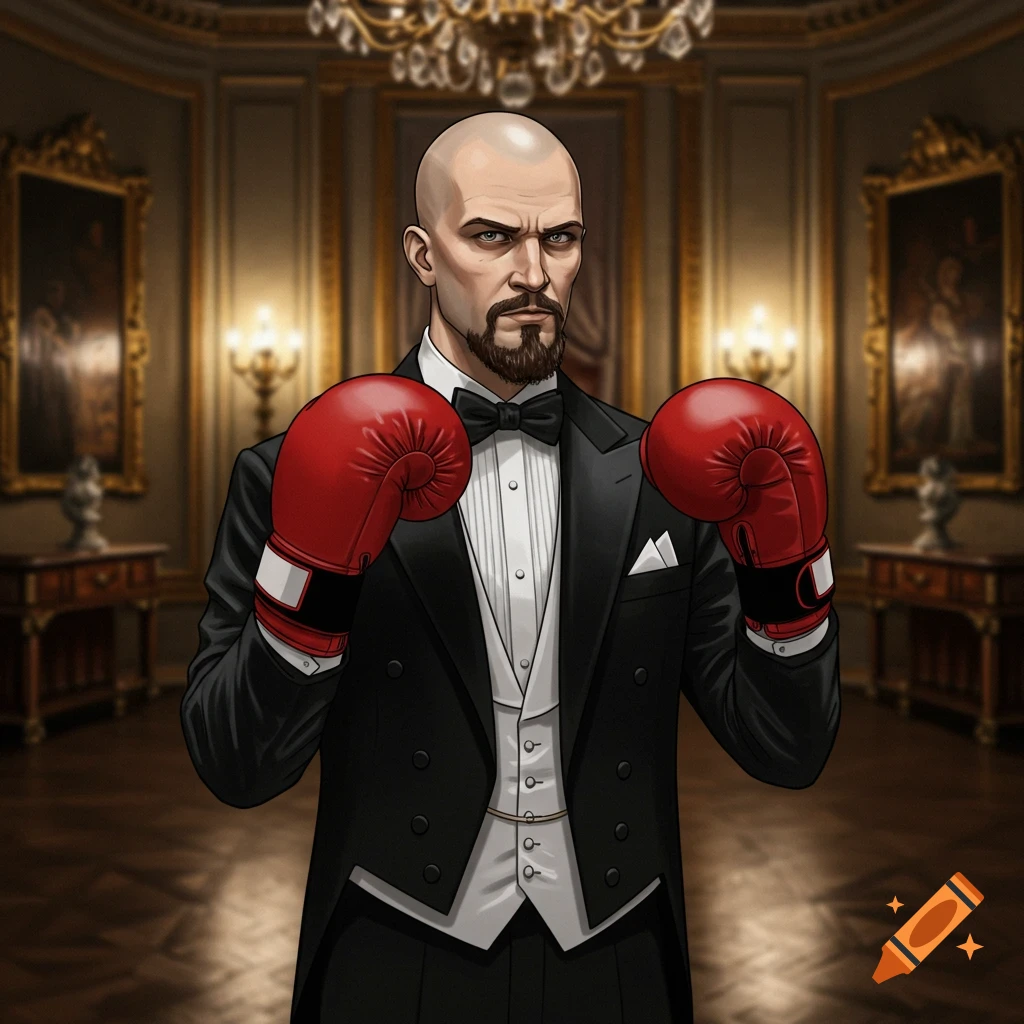 A stylized illustration of a bald man with a short beard, wearing a tuxedo and red boxing gloves, standing in a lavish room.