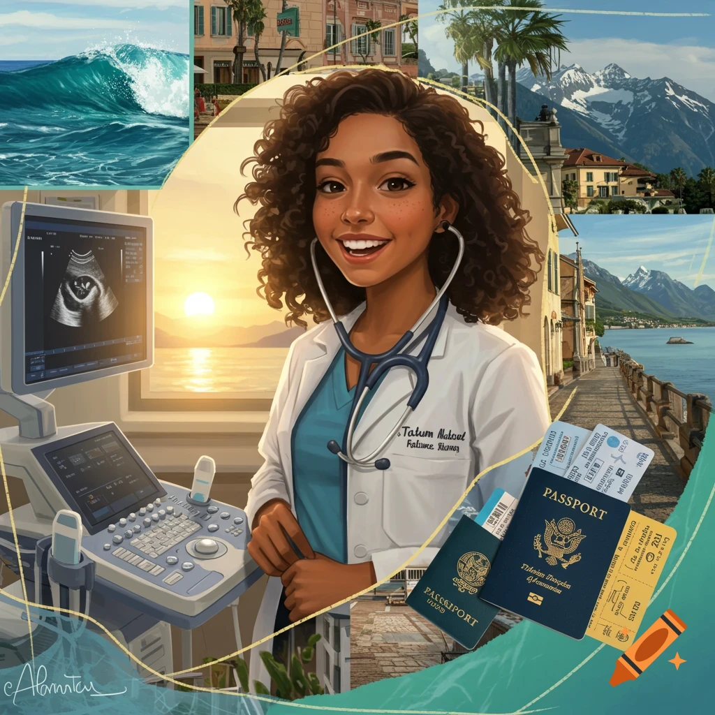 A smiling young woman in a doctor's coat and stethoscope, surrounded by a collage of travel destinations and medical equipment, including an ultrasound machine with a fetal image and passports.