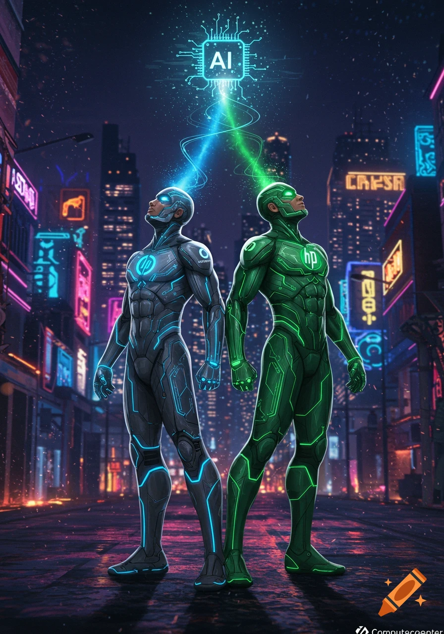 Two futuristic superheroes, one blue and one green, stand in a neon-lit cyberpunk city, connected to an AI circuit board symbol above them.
