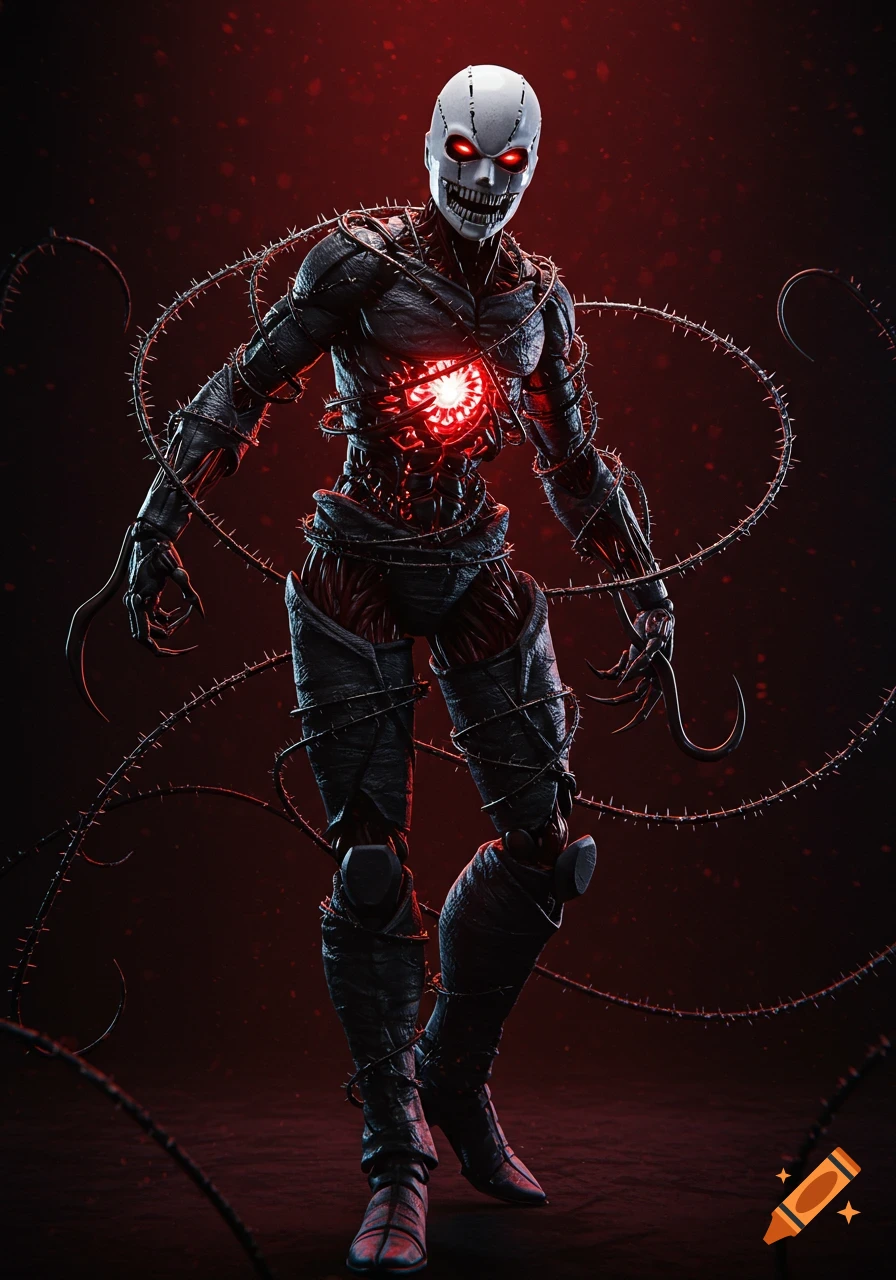 A menacing humanoid creature with a white skull mask, glowing red eyes, dark skeletal body wrapped in barbed wire, and a glowing red chest core, against a dark red background.