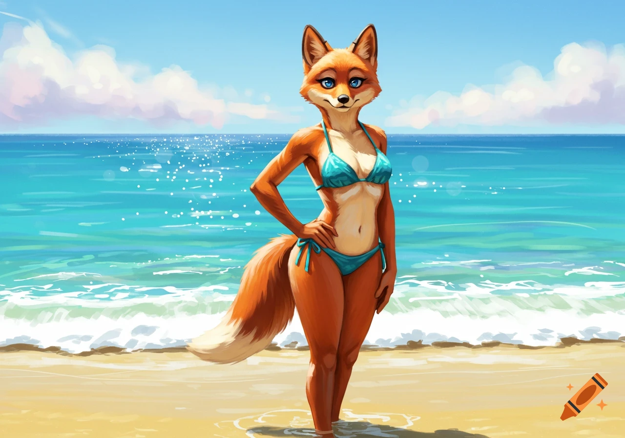 A cartoon anthropomorphic fox in a blue bikini stands on a sunny beach with clear blue water and sky.