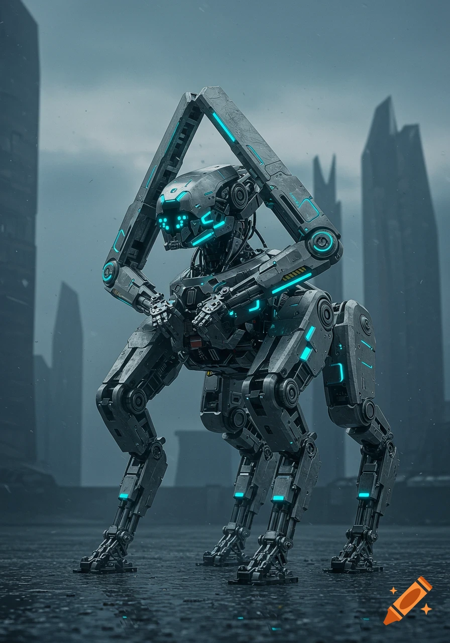 A detailed, dark gray quadrupedal robot with glowing blue lights stands in a rainy, desolate futuristic city.