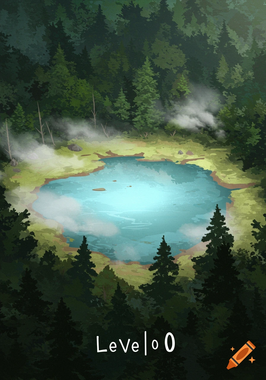 Stylized illustration of a steaming blue pond surrounded by lush green forest, with "Leve| 0" text at the bottom.