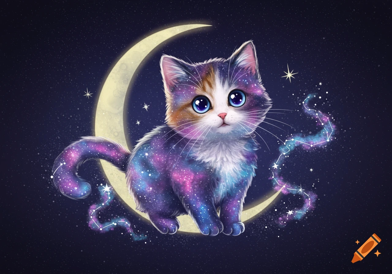 Golden minimalist logo of a cat sitting under a crescent moon with ...