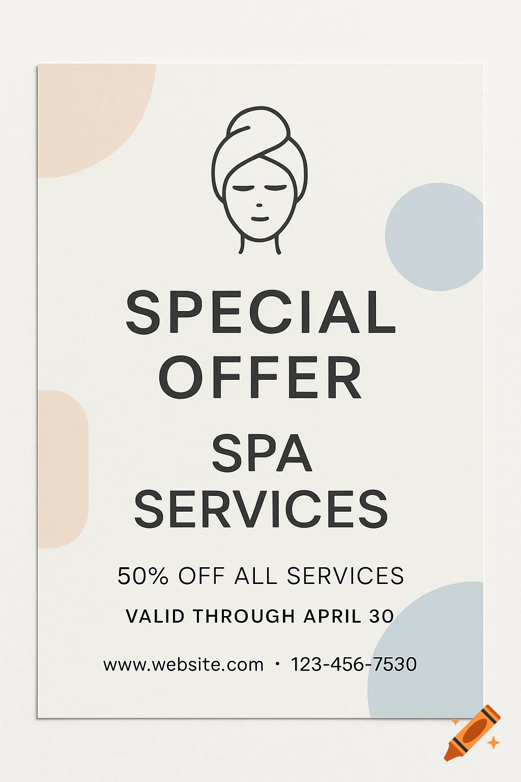 Minimalist spa services flyer with a person icon, 'Special Offer Spa Services' text, 50% off details, website, and phone number.