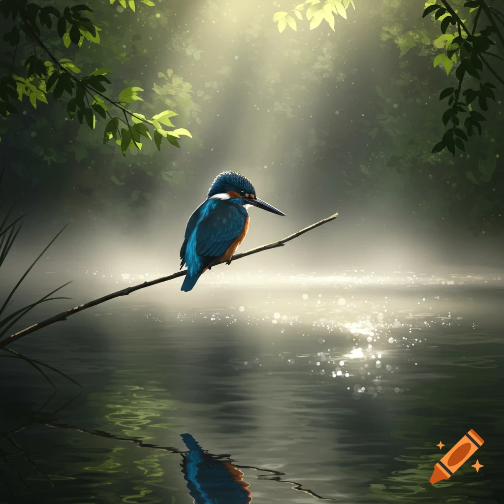 A vibrant blue and orange kingfisher perches on a branch over misty, sunlit water in a lush forest.