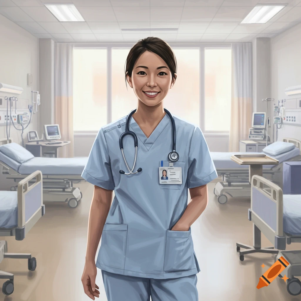A smiling Asian nurse in light blue scrubs with a stethoscope stands in a bright hospital room with beds.