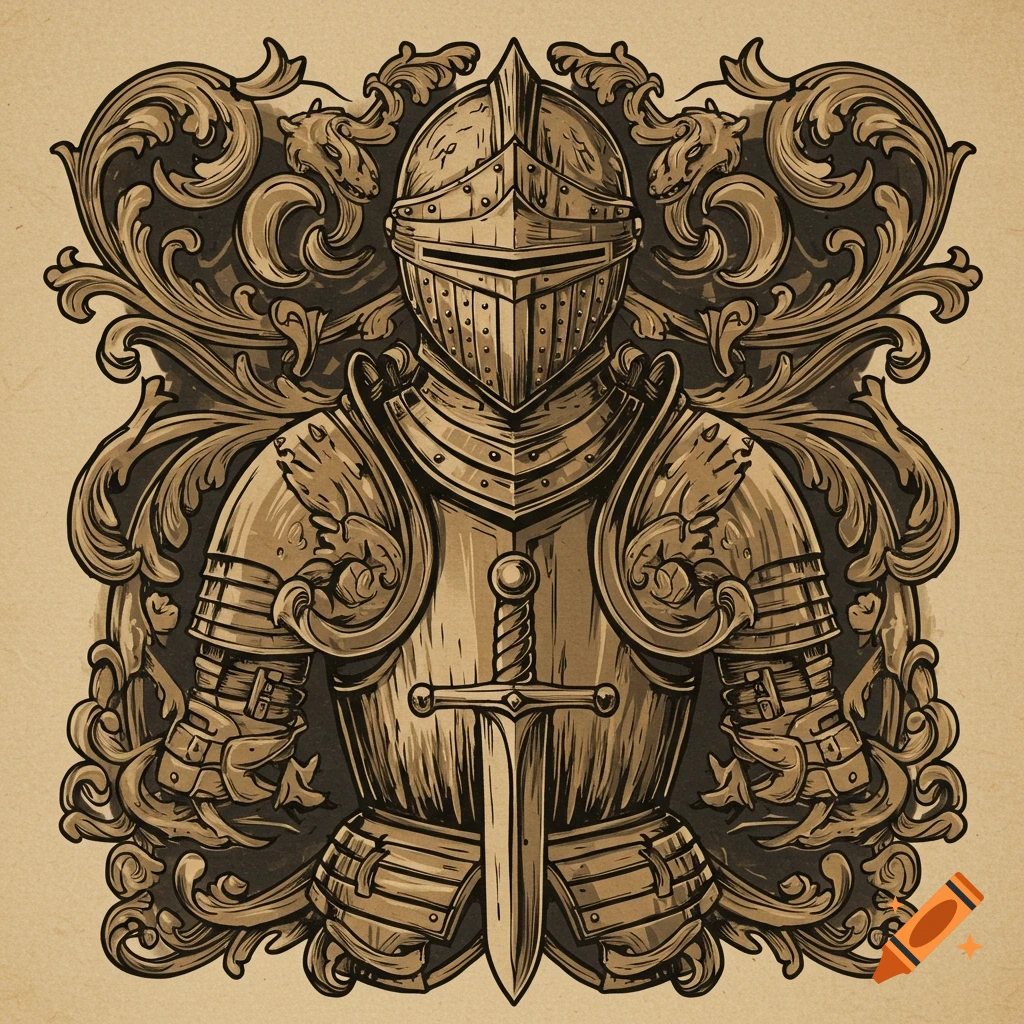 Detailed woodcut illustration of a knight's full plate armor and helmet, with a sword, surrounded by ornate scrollwork.