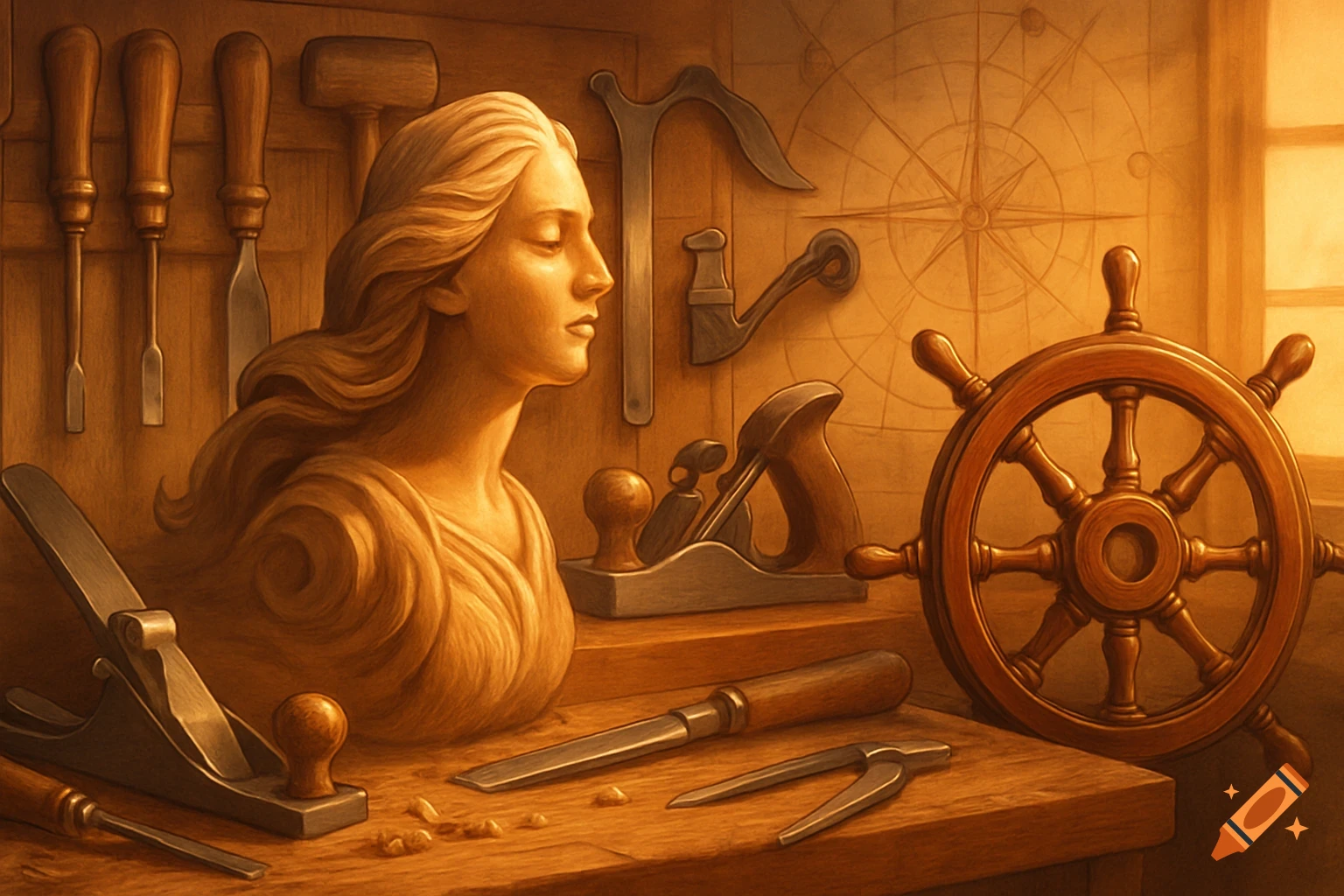 Wooden bust of a woman on a workbench with carving tools, a plane, a ship's wheel, and a compass rose on the wall.