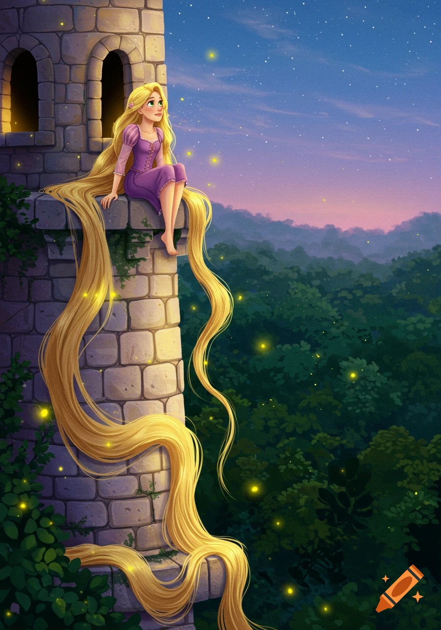 Rapunzel sits on a stone tower ledge at dusk, her long golden hair flowing down the side, with fireflies in the forest below in a cartoon style.