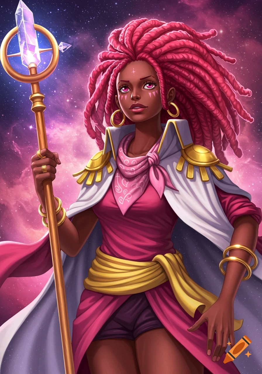 A black anime girl with pink dreadlocks and celestial robes holds a glowing crystal staff against a starry galaxy background.