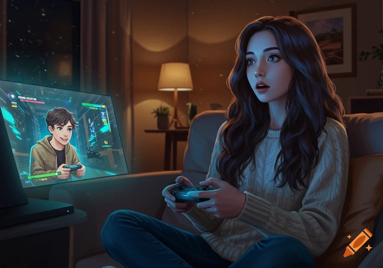 A girl with long dark wavy hair sits on a couch, playing video games on a glowing streaming screen in a dimly lit room.
