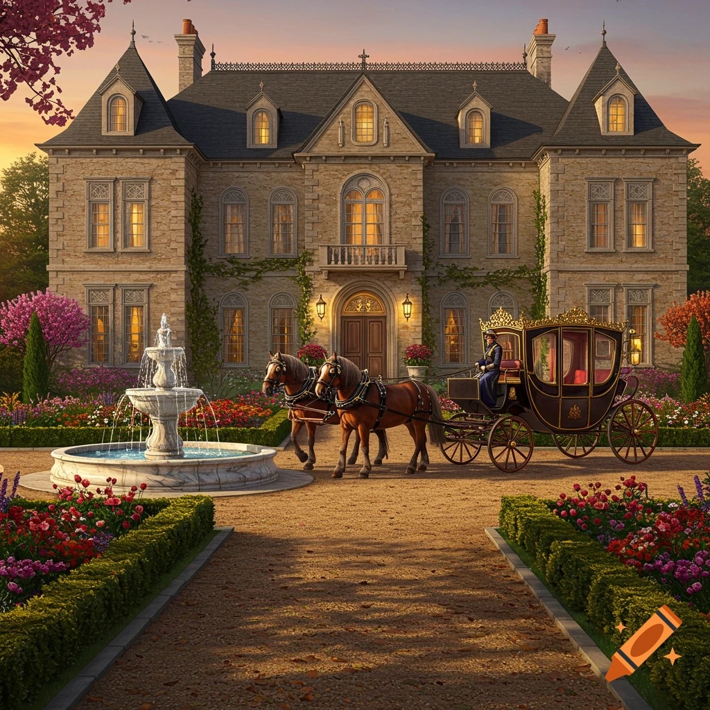 A noble estate with a horse-drawn carriage, a fountain, and elaborate gardens under a sunset sky. Detailed fantasy art.