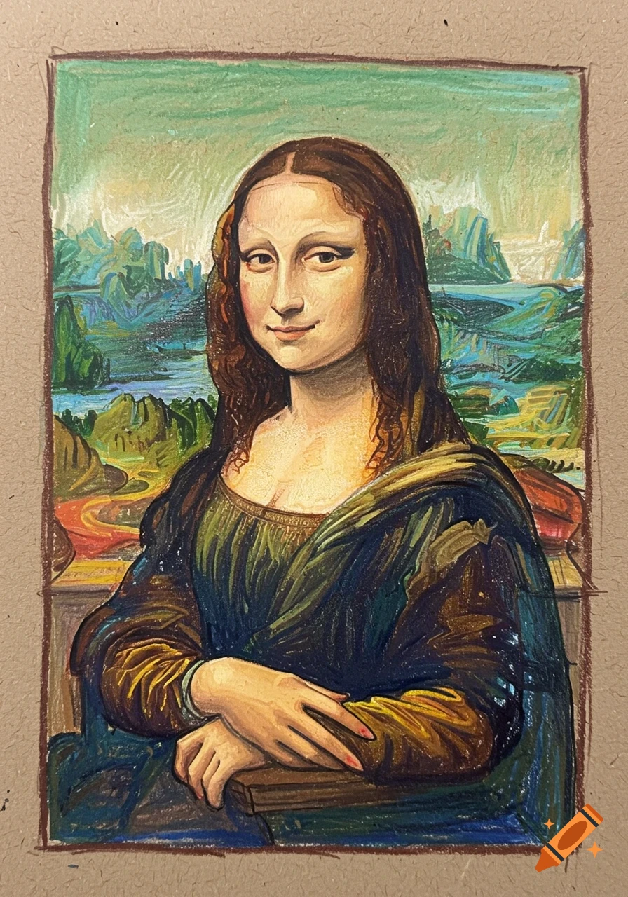 A crayon drawing of the Mona Lisa, depicting a woman with long dark hair, a faint smile, and a mountainous landscape in the background.
