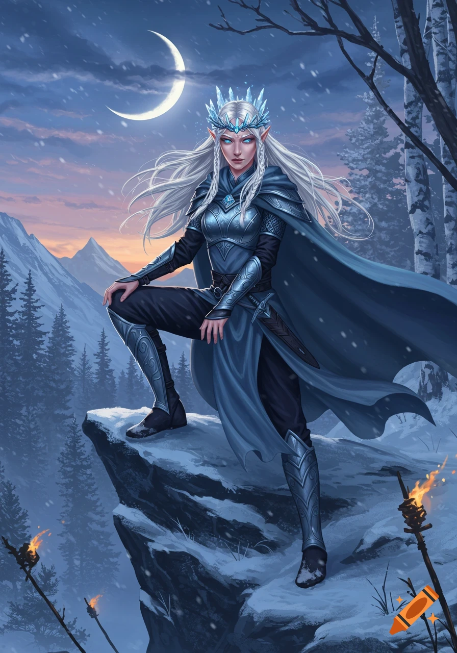 A serene elven ice princess with white hair and a blue crown stands on a snowy cliff at dusk, a crescent moon above.