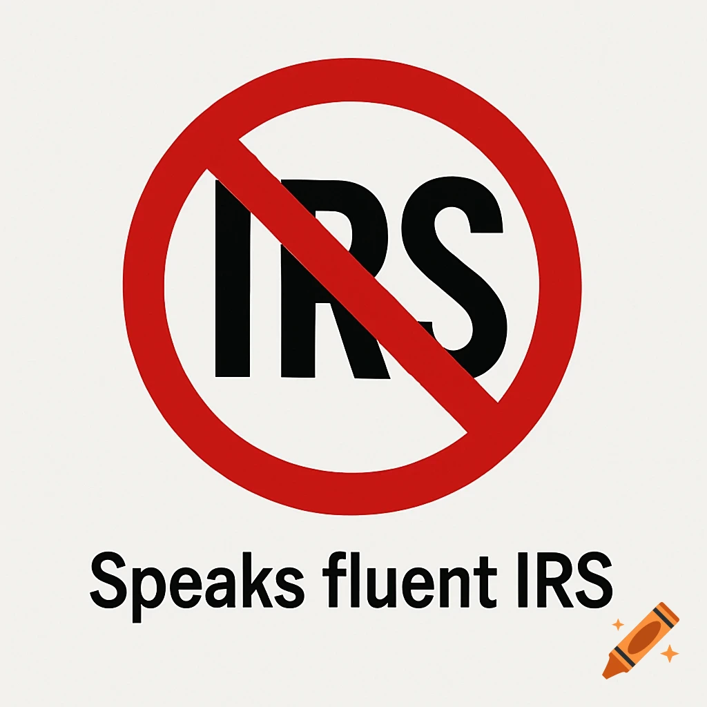 A red circle with a diagonal line crosses out the letters 'IRS'. Below it, the text reads 'Speaks fluent IRS'.