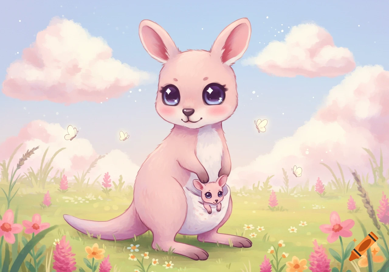 A cute pink kangaroo with a joey in its pouch stands in a vibrant, flowery field under a pastel sky, in a kawaii illustration style.