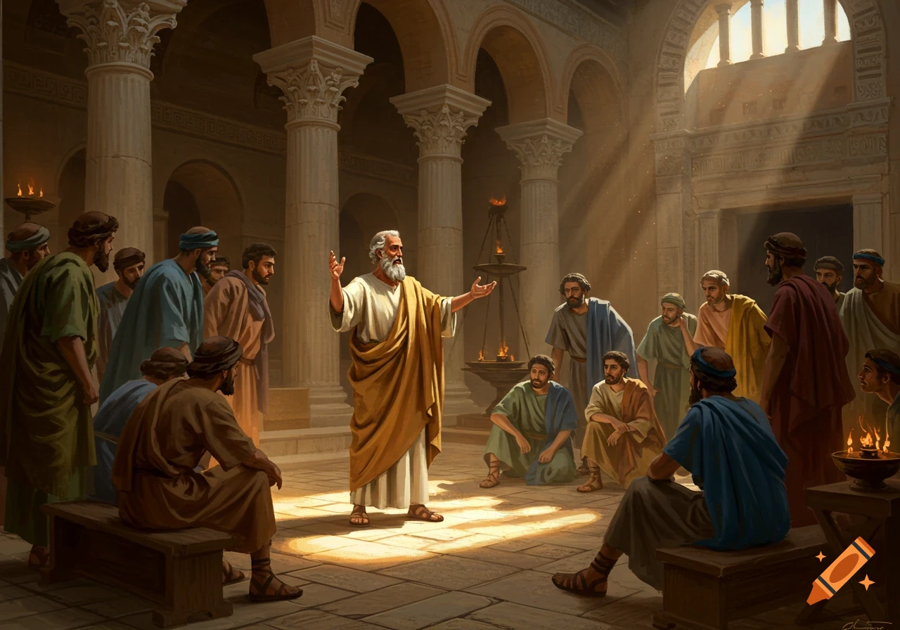An older bearded man in ancient robes teaches a group of men gathered in a sunlit classical hall with columns, in a detailed painterly style.