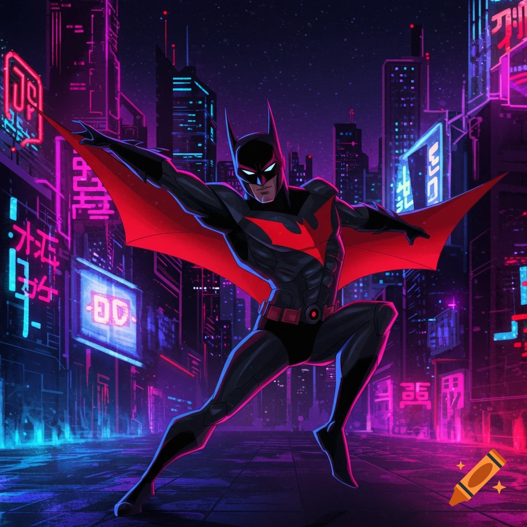 Batman Beyond in his black and red suit stands heroically in a neon-lit cyberpunk city at night, in an anime style.