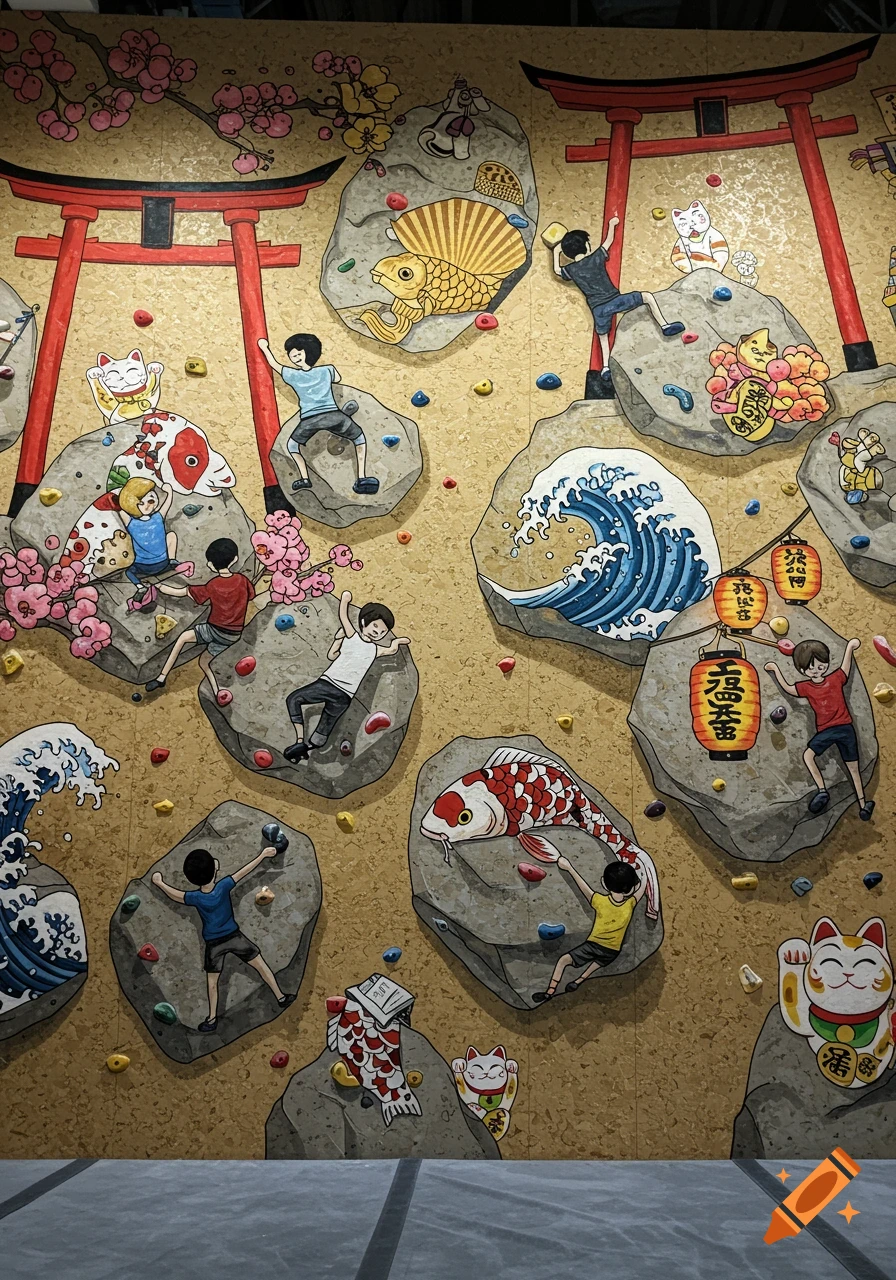 A colorful bouldering wall mural with Japanese elements like torii gates, cherry blossoms, koi fish, Maneki-neko, and lanterns, with people climbing.