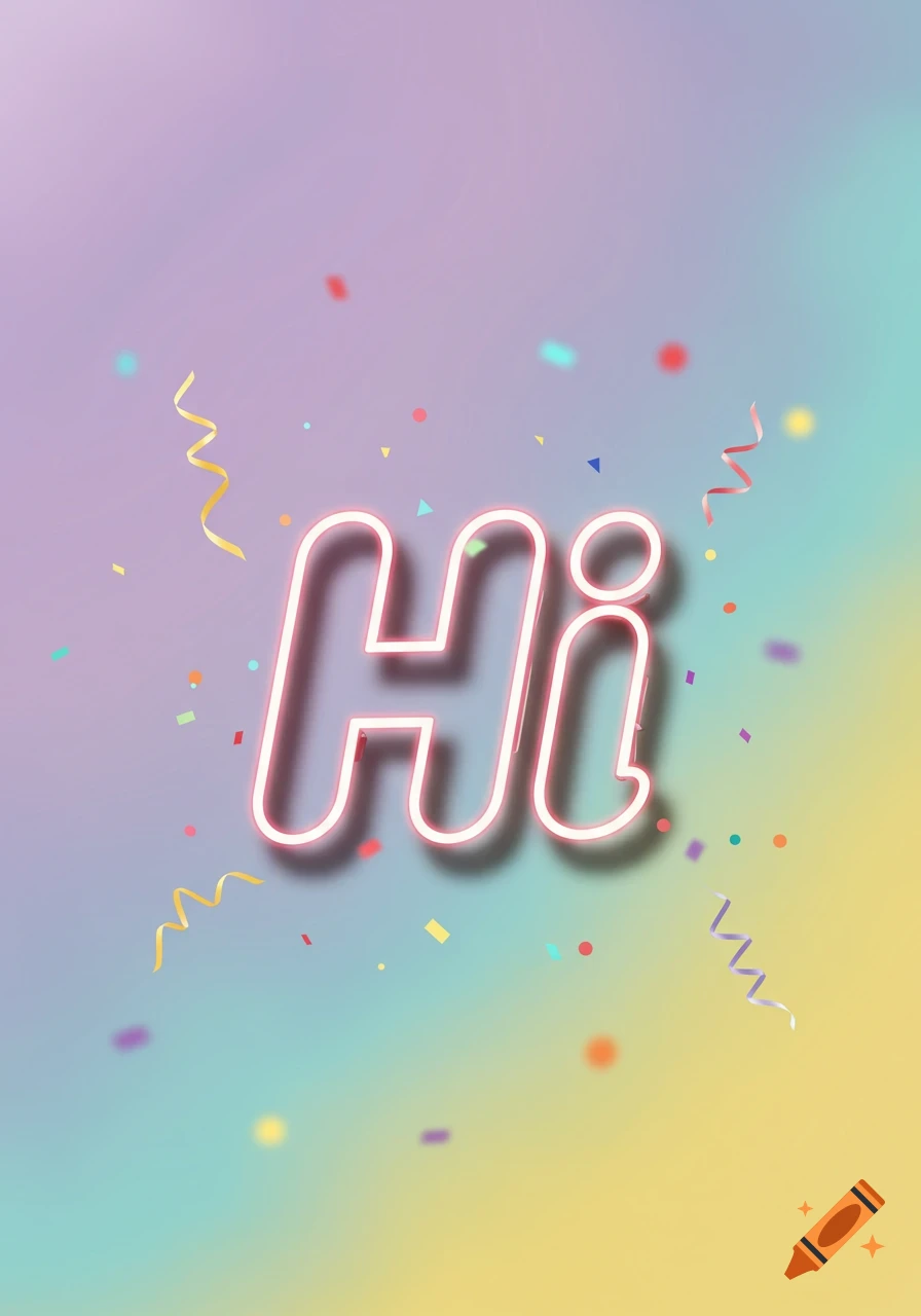 Neon pink 'Hi' text glows against a pastel rainbow gradient background, surrounded by colorful confetti and streamers.