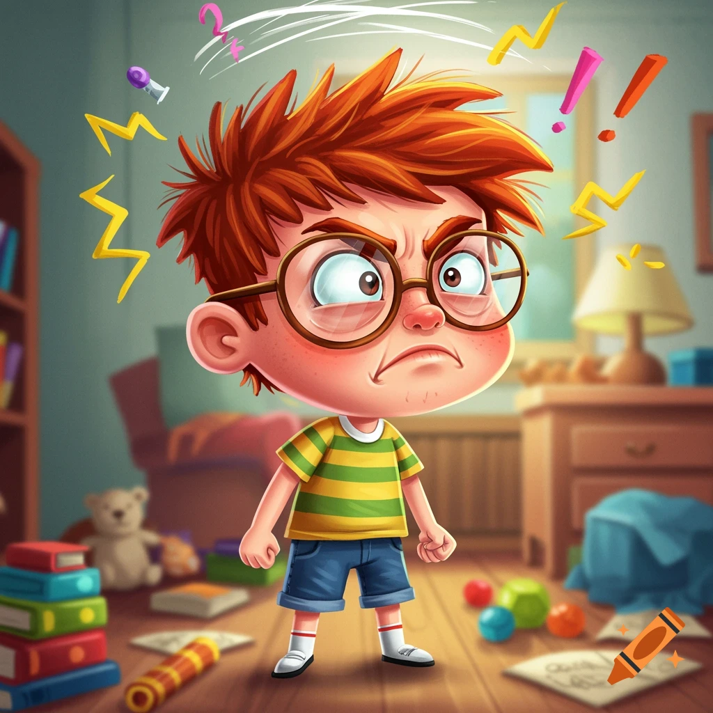 A cartoon boy with red hair and glasses looks frustrated, standing in a messy room with books and toys.