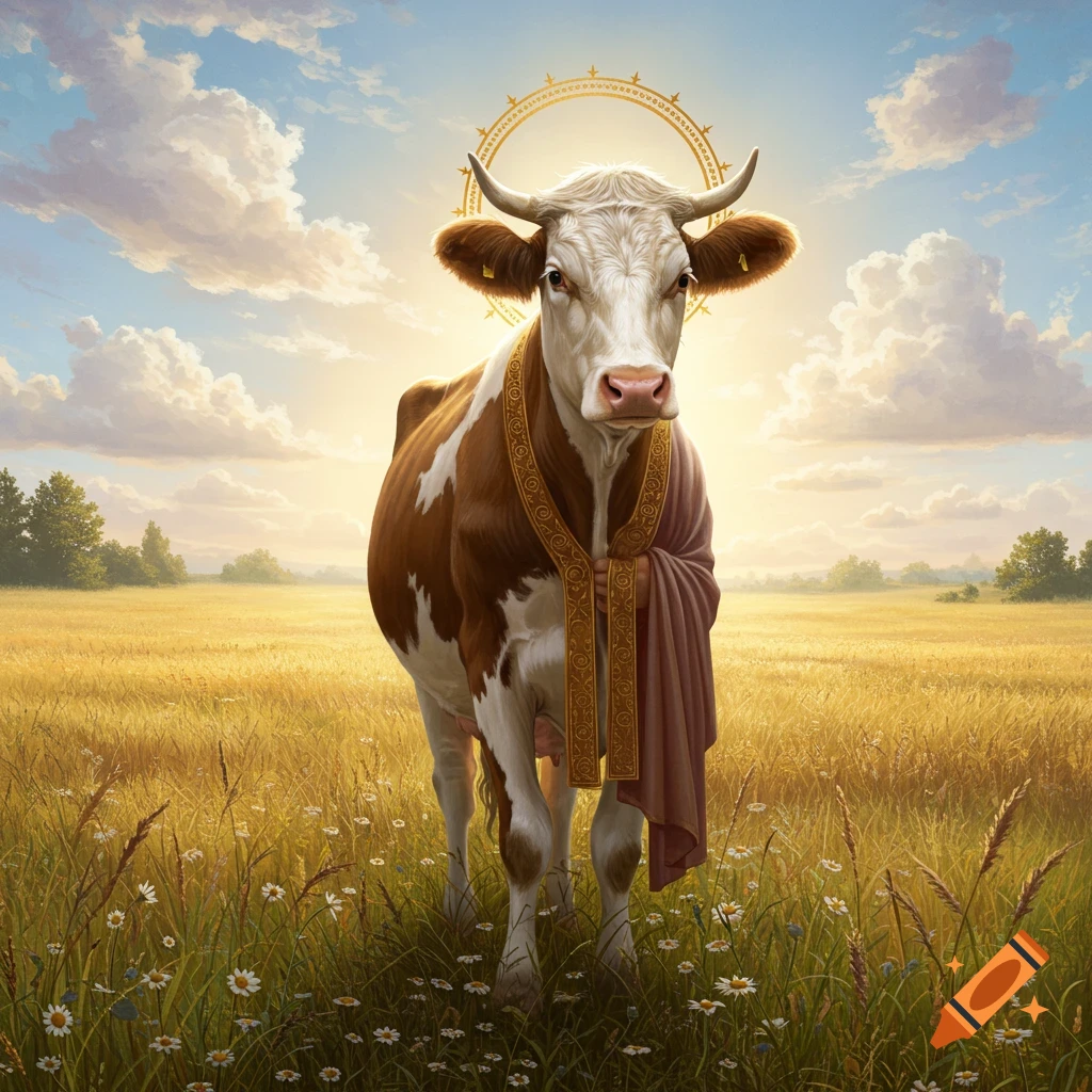 A cow wearing a golden-trimmed maroon robe stands in a golden field under a blue sky, with a golden halo above its head.