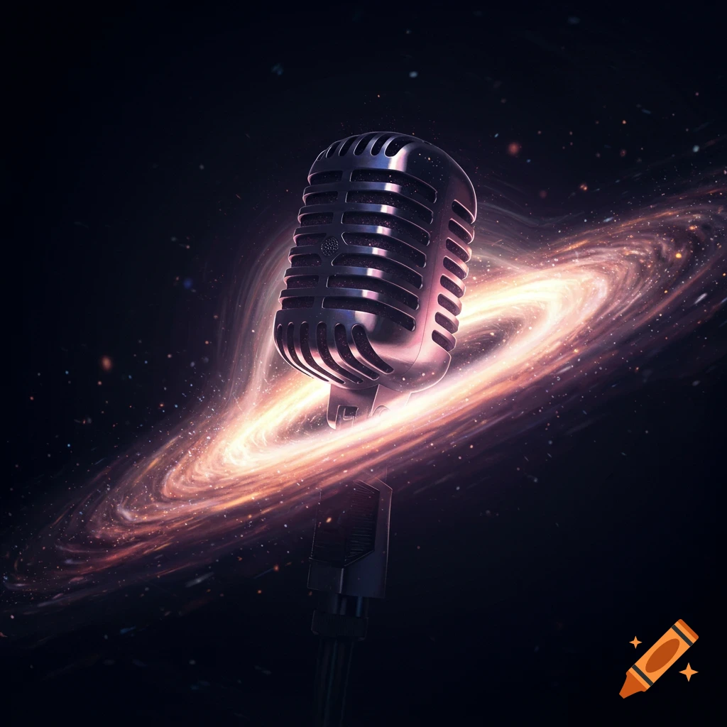 A metallic vintage microphone glows in the dark against a swirling, vibrant spiral galaxy in space.