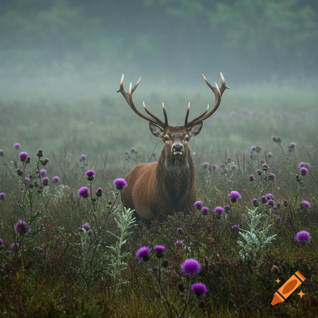 A majestic stag with large antlers stands in a misty field filled with vibrant purple thistle flowers.