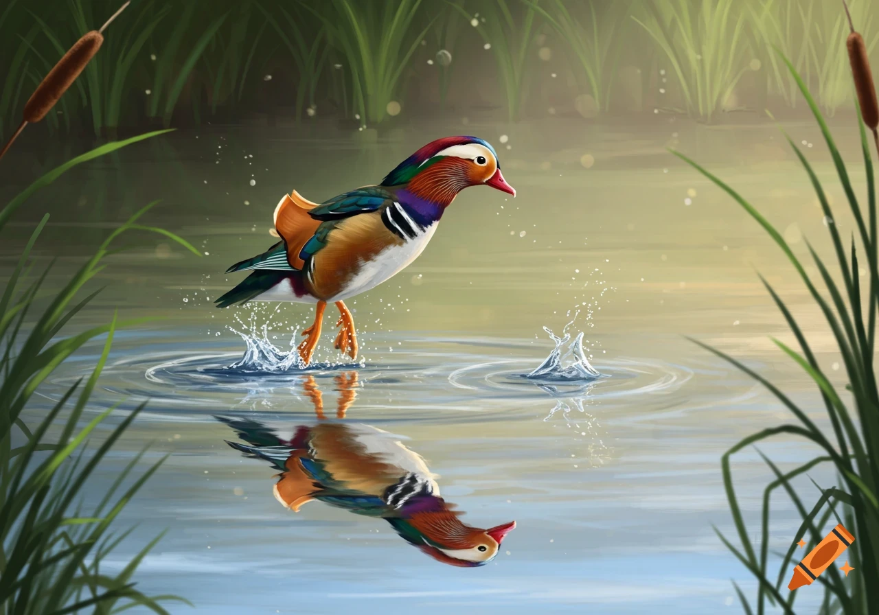 Vibrant mandarin duck stepping in water with splashes and reflection, surrounded by green reeds in a pond. Digital painting.