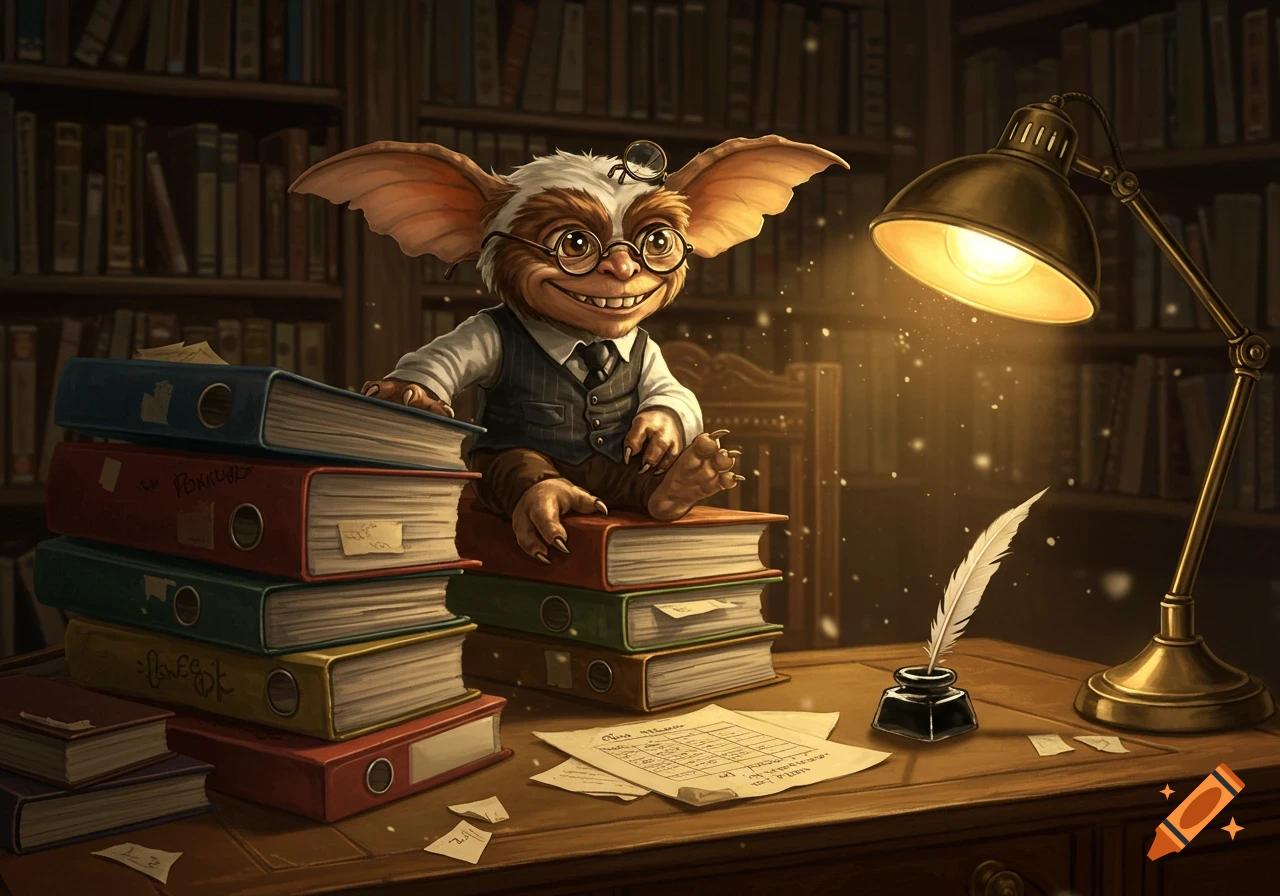 A cute, scholarly gremlin-like creature wearing glasses sits on a stack of books at a desk with a quill and lamp in a library, in a detailed illustration.