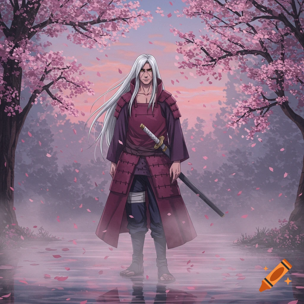 Anime character with long white hair and a red samurai-like outfit stands in a cherry blossom forest with fallen petals.