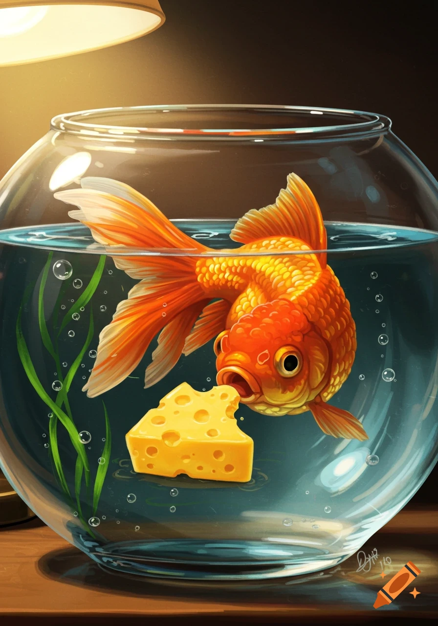 A vibrant illustration of an orange goldfish in a glass bowl, attempting to eat a piece of Swiss cheese.
