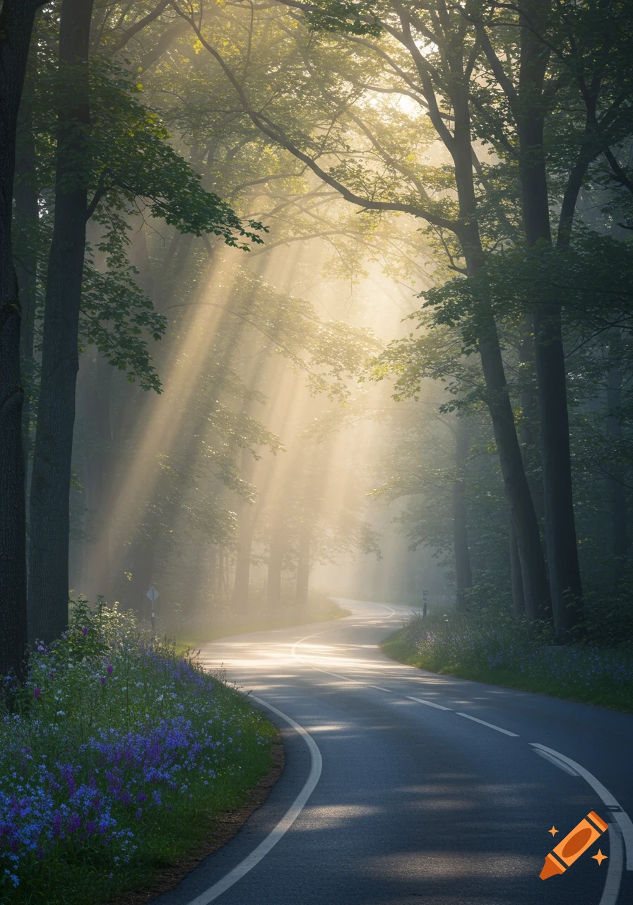 A winding road through a misty forest at sunrise, with light rays piercing through the trees and wildflowers along the roadside.
