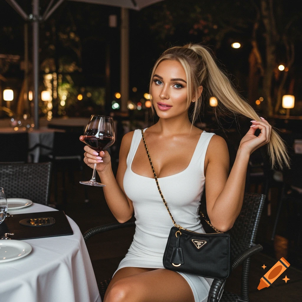 A stunning blonde woman in a white dress sips red wine at an outdoor restaurant at night, looking at the camera, photorealistic.