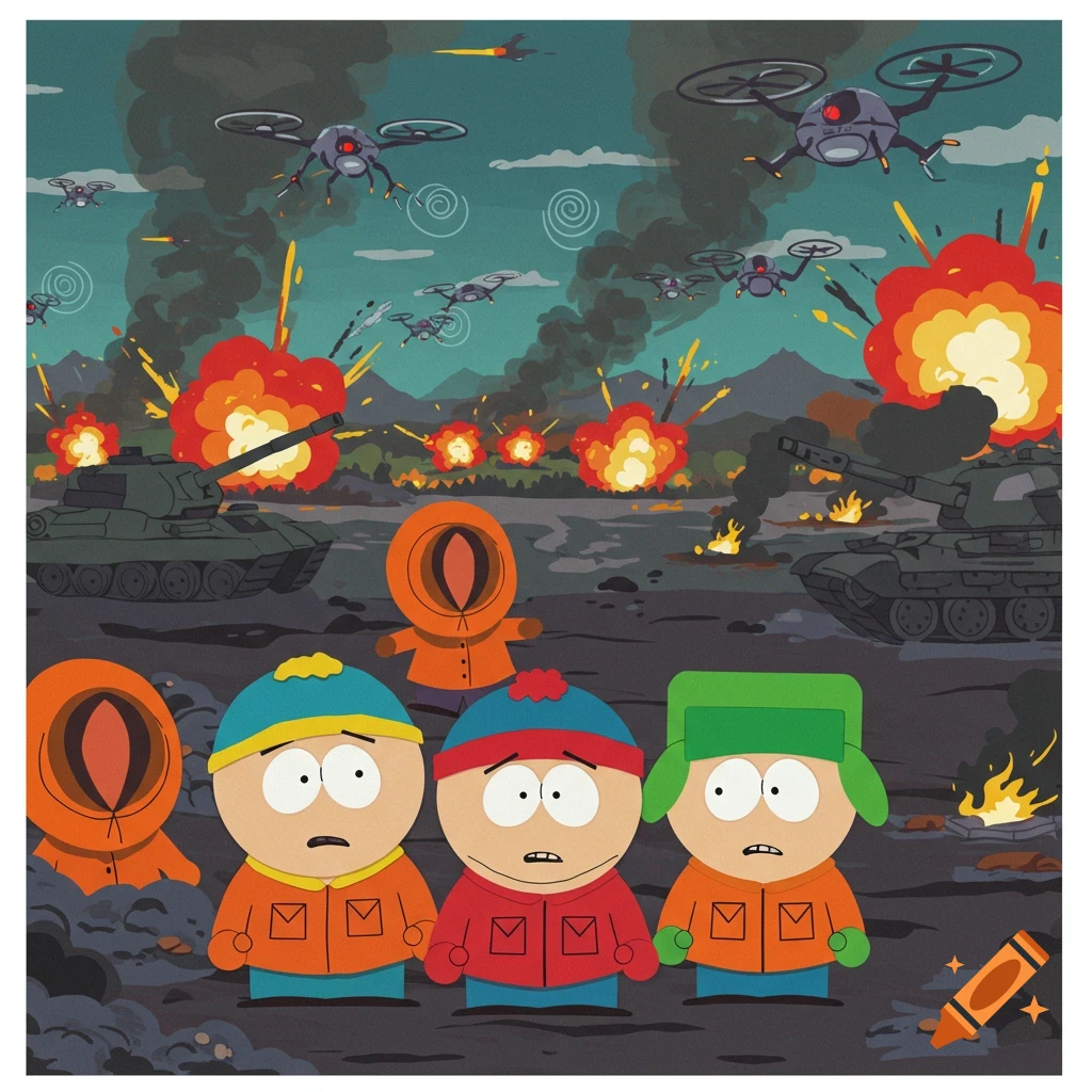 South Park characters Cartman, Stan, and Kenny stand in a war zone with tanks, explosions, and drones in the animated style.