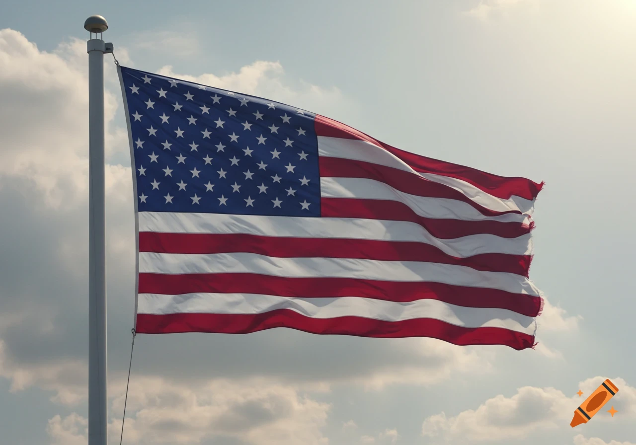 An American flag waves against a cloudy sky.