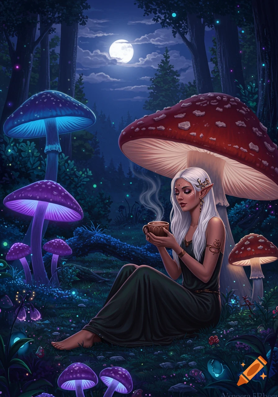 A beautiful white-haired elf woman sips from a cup under a giant red mushroom in a magical forest filled with glowing purple and blue mushrooms at night.
