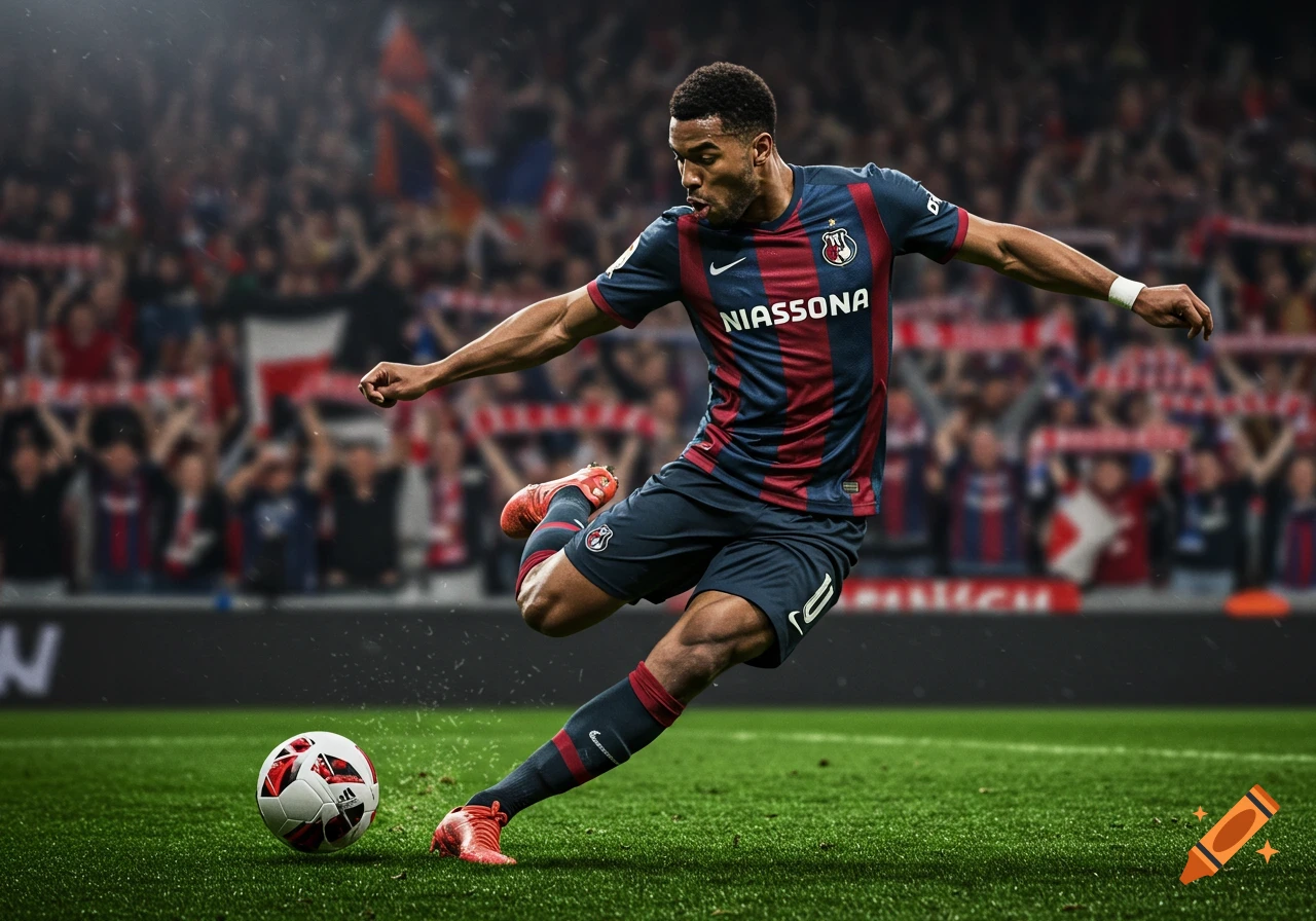 A male soccer player in a blue and red striped jersey kicks a soccer ball on a green field in a stadium.