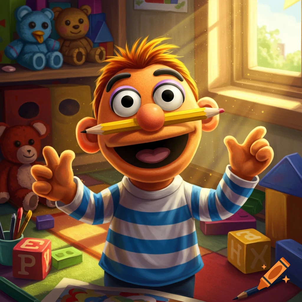 Cartoonish orange puppet with spiky hair and big eyes, wearing a striped shirt and holding a pencil under its nose, in a sunlit playroom with toys.