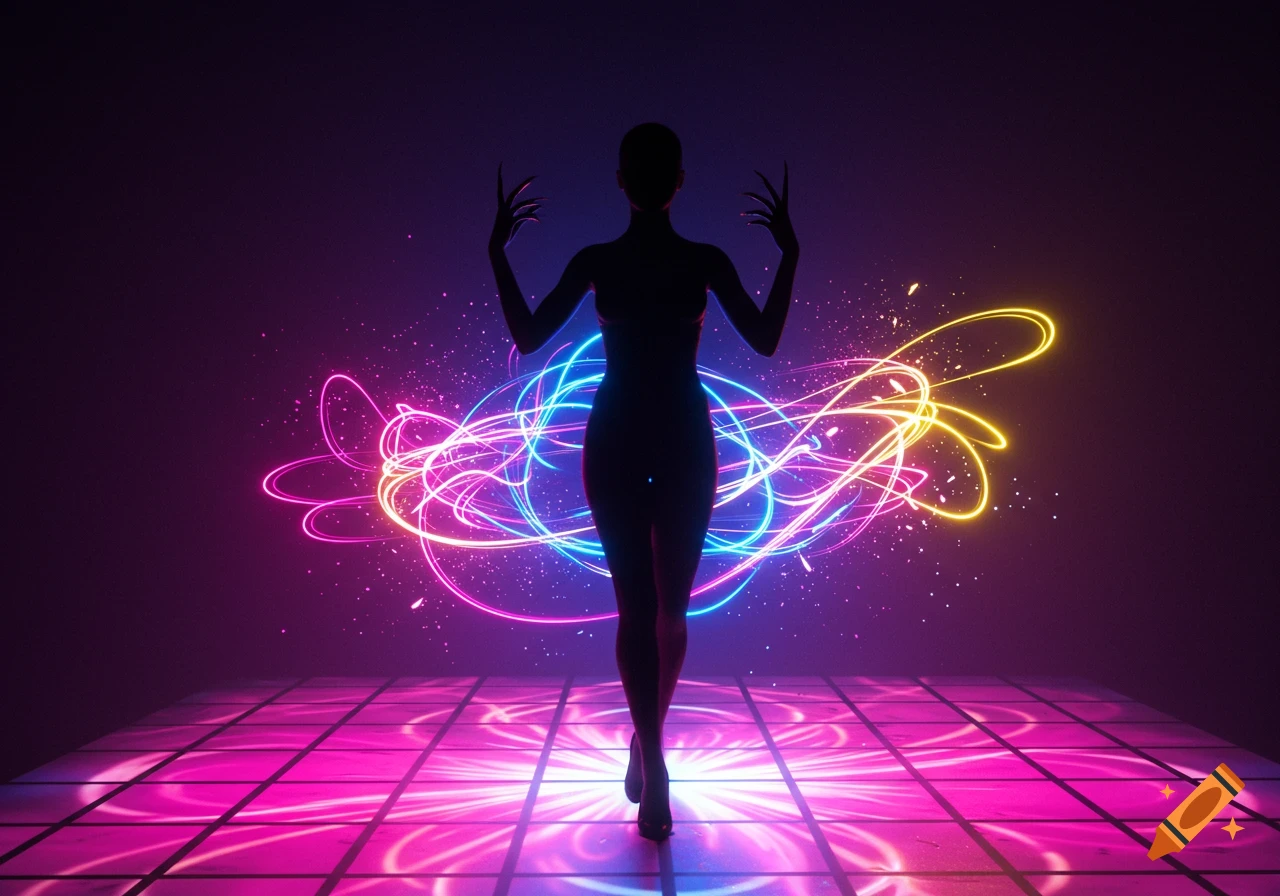 A silhouetted woman with long nails poses on a neon-lit dancefloor surrounded by vibrant light trails.