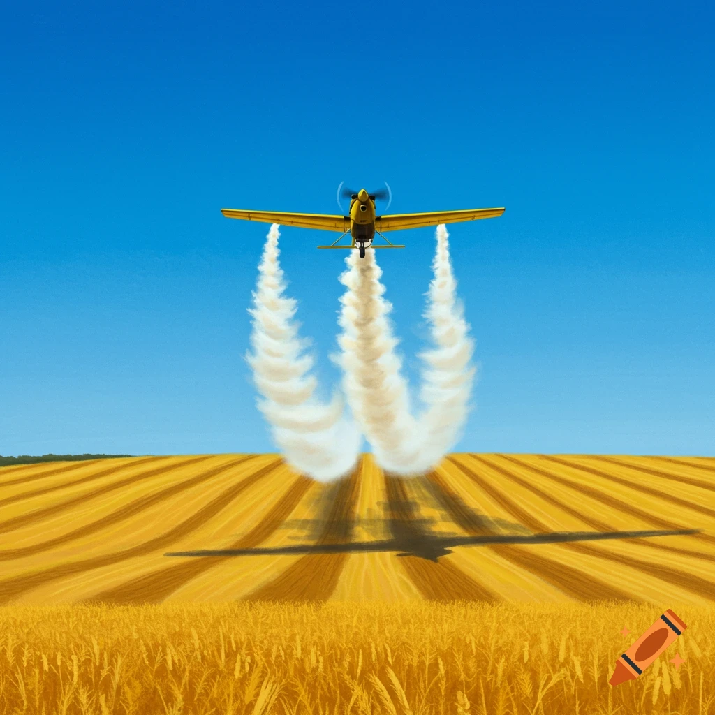 A yellow crop duster plane flies low over a golden field under a bright blue sky, leaving two white dust trails.