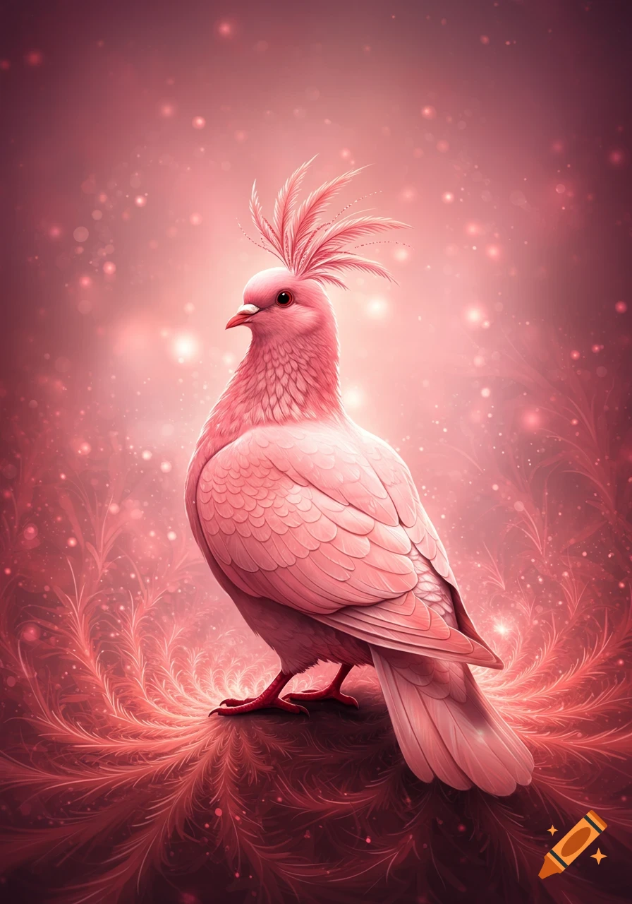 A vibrant pink pigeon with a feathery crest stands on a fractal-patterned surface against a glowing pink background.