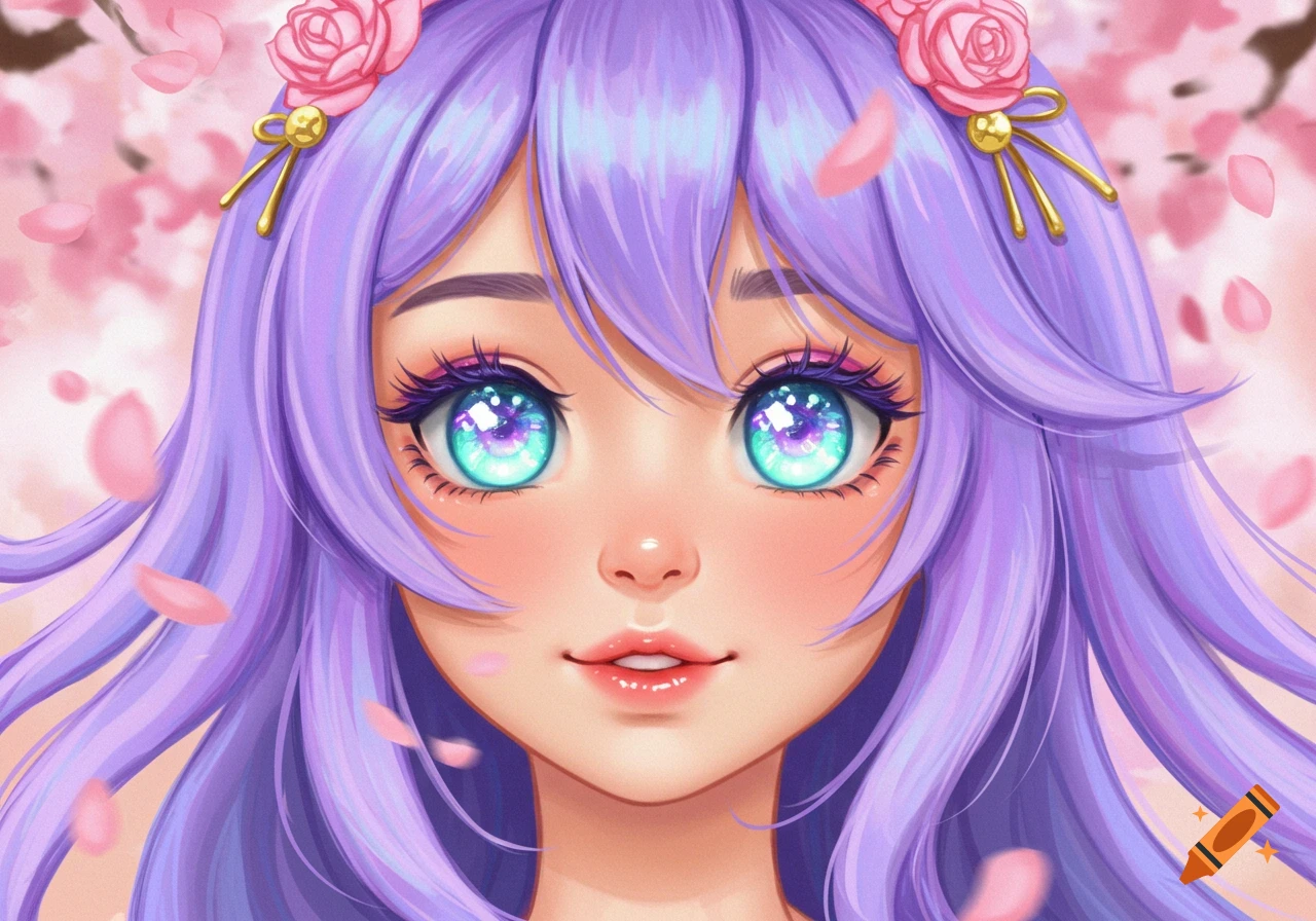 Close-up anime portrait of a girl with long purple hair, large iridescent blue eyes, and pink roses in her hair, with cherry blossoms in the background.