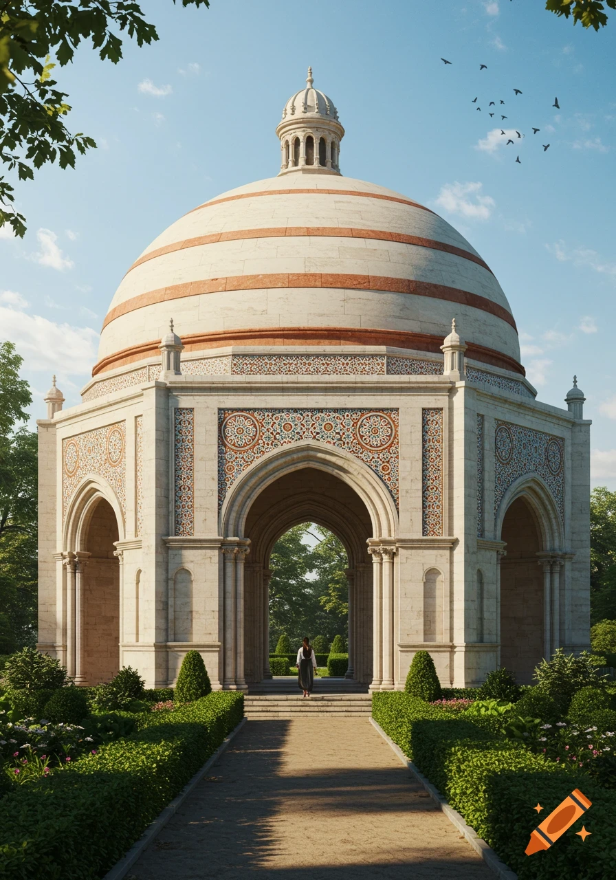 A photorealistic domed monument with ornate arches in a lush garden, a person walking on a path.