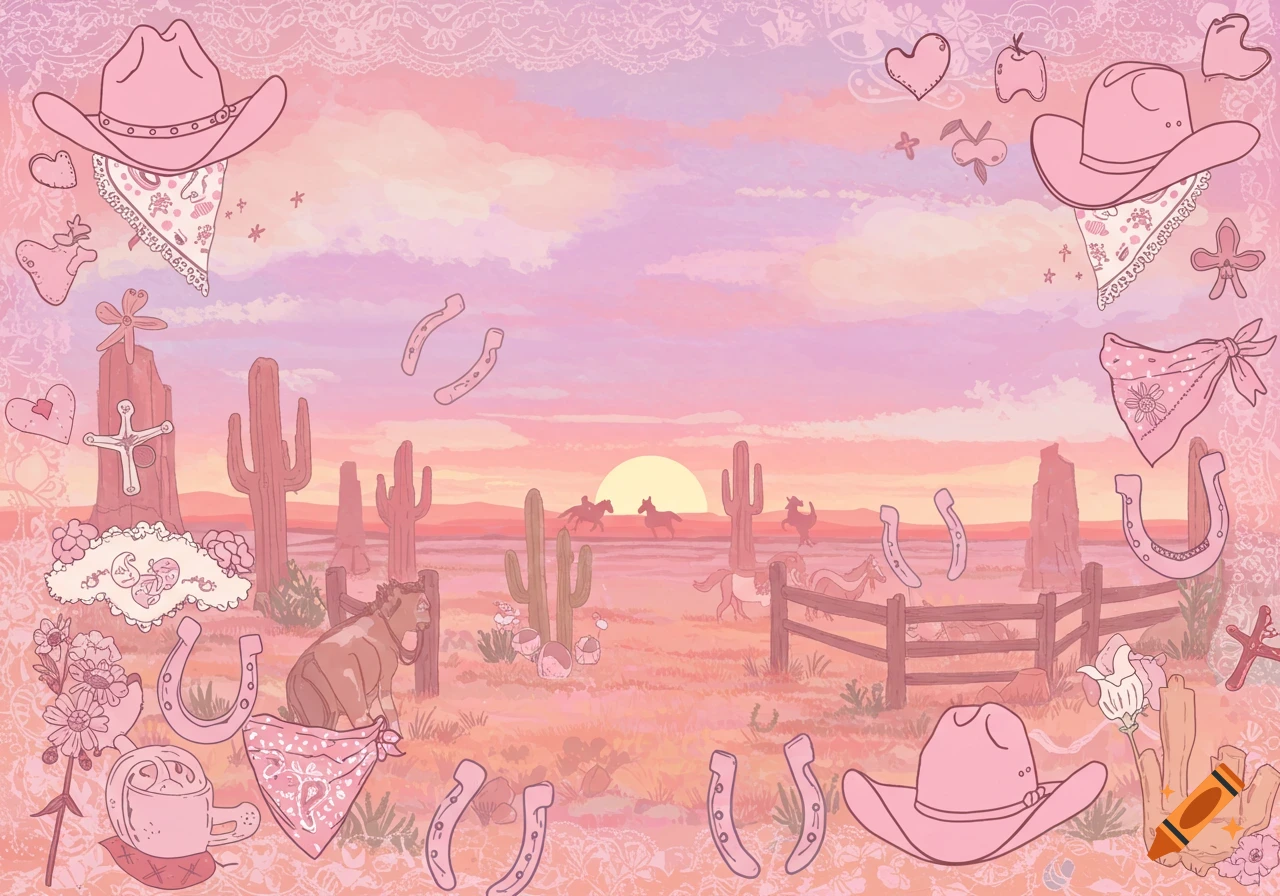 A pastel pink and purple abstract illustration of a desert scene with saguaro cacti, horses, and a sunset, surrounded by cowboy hats, bandanas, and horseshoes.
