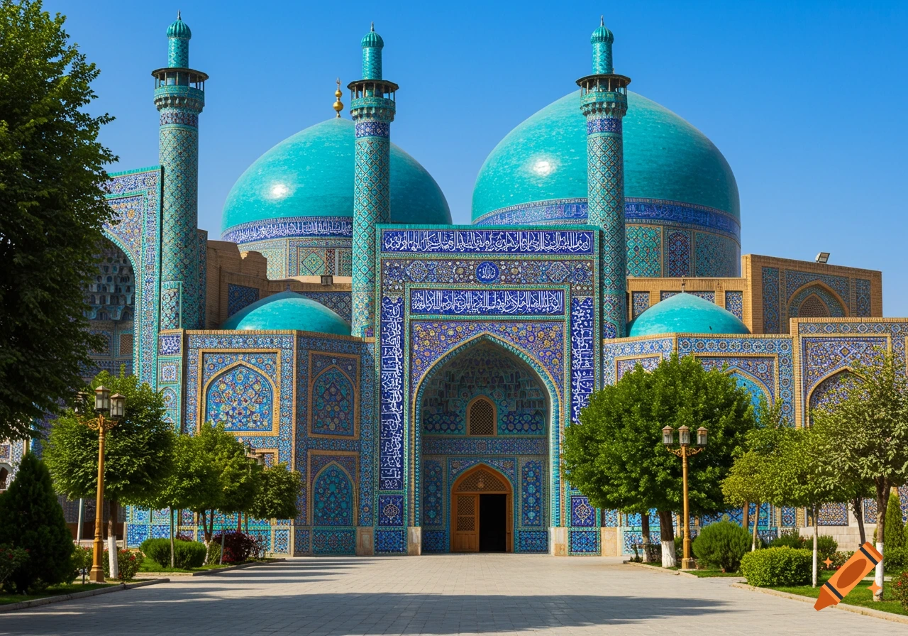A grand mosque with two large turquoise domes and four minarets, intricately decorated with blue and gold tilework under a clear blue sky.