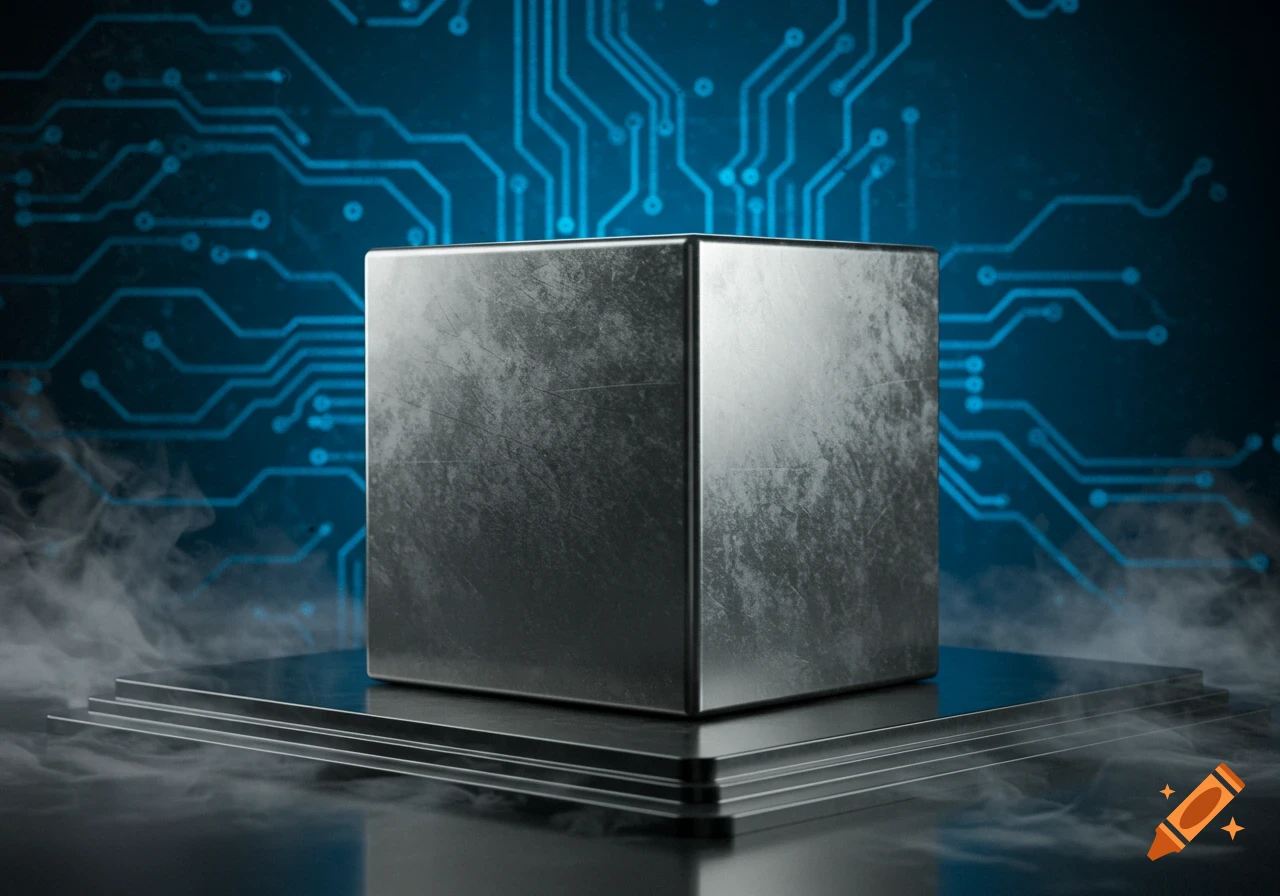 A shiny metallic cube sits on a tiered platform, surrounded by wisps of smoke, with a glowing blue circuit board in the background.
